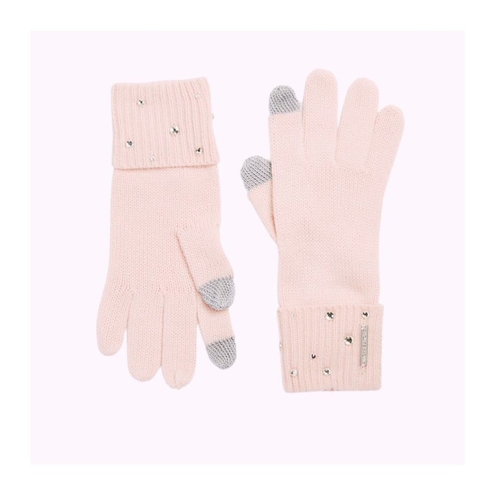 Michael Kors Womens Pink Embellished Ribbed Cuff Tech Touch Knit Gloves New